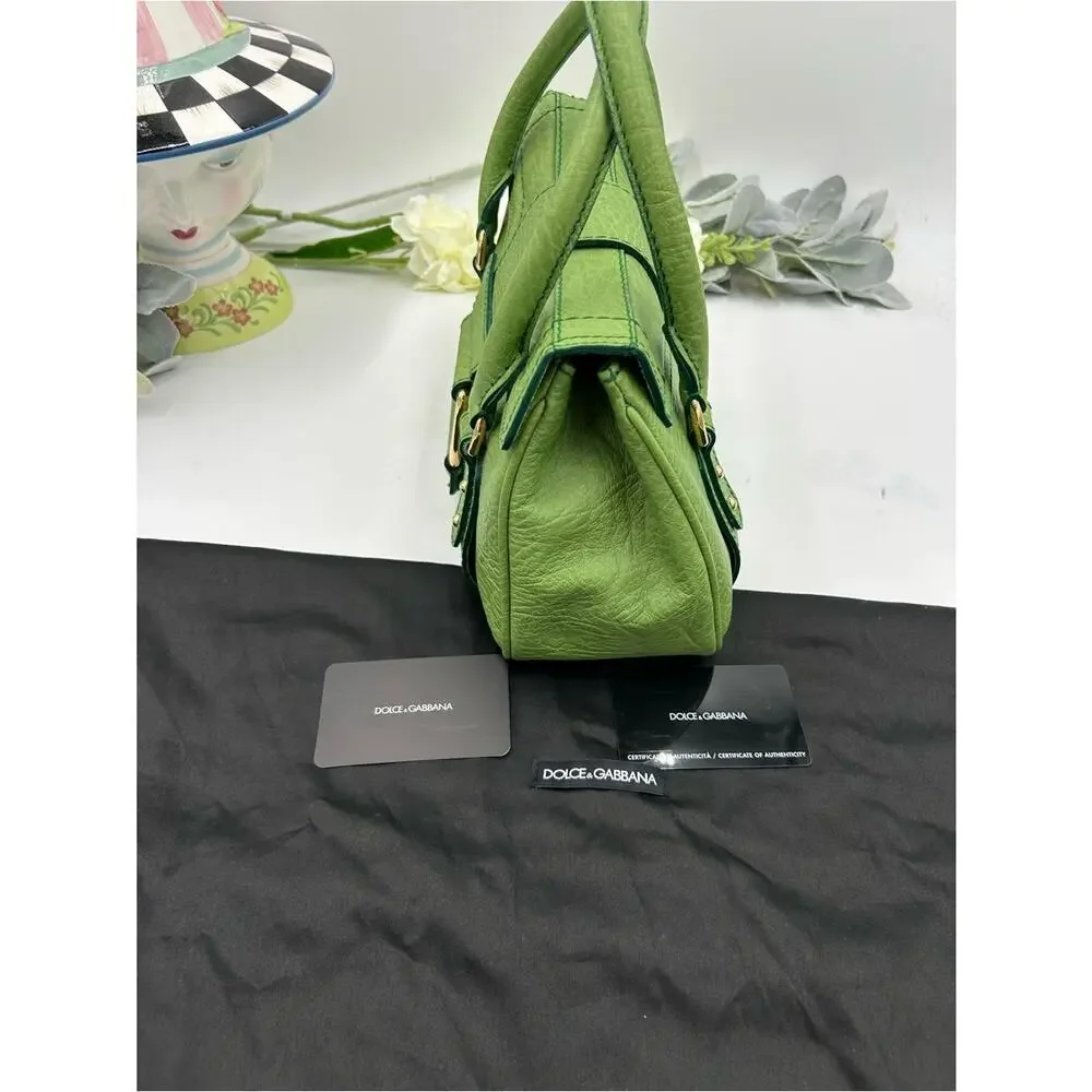 Women's vintage Dolce & Gabanna grainy, leather satchel in neon green made Italy